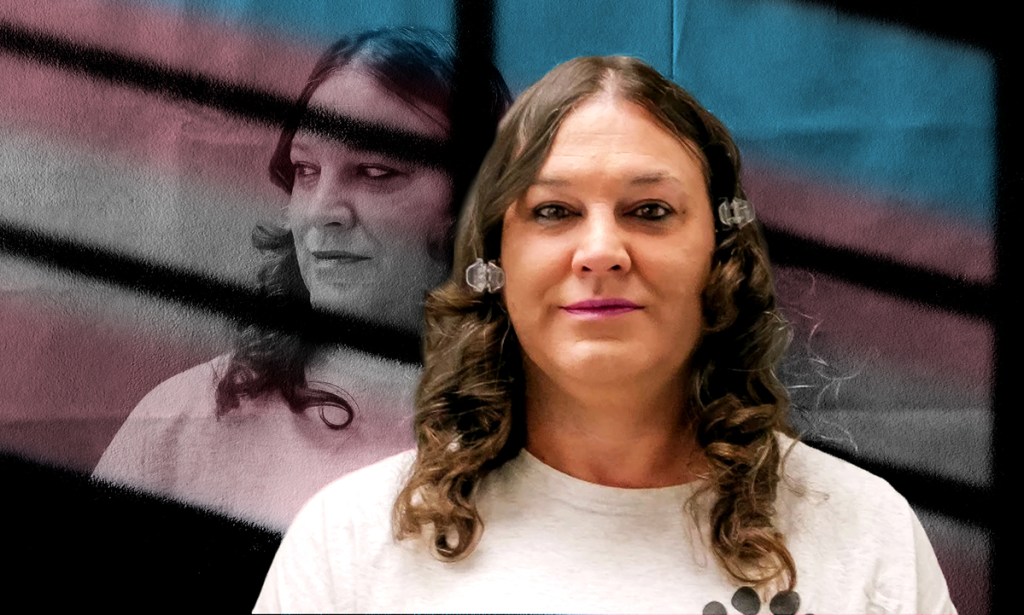 A graphic showing US trans prisoner Amber McLaughlin wearing a white t-shirt and looking towards the camera. In the background there is a faded trans flag with a shadow of prison bars cast over it and another image of Amber McLaughlin looking to the left