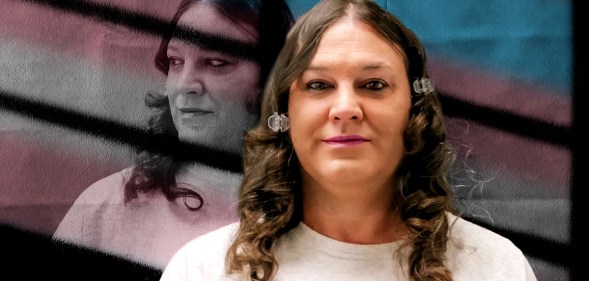 A graphic showing US trans prisoner Amber McLaughlin wearing a white t-shirt and looking towards the camera. In the background there is a faded trans flag with a shadow of prison bars cast over it and another image of Amber McLaughlin looking to the left