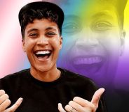 Trans non-binary star of The Traitors Andie Vanacore against a trans and non-binary flag background