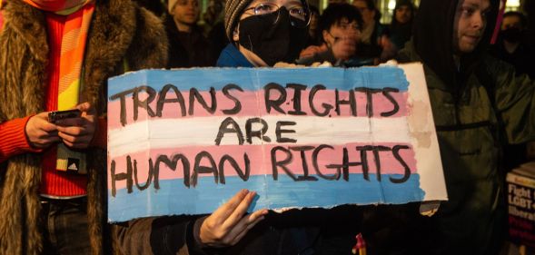 A protestors holds up a sign reading 'trans rights are human rights.'