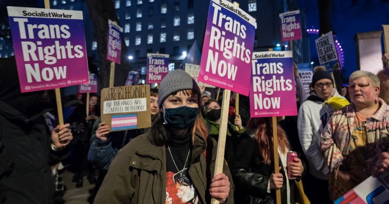 A photo shows trans activists holding up signs reading "trans rights now."