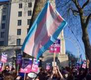 Trans rights protest with trans flag