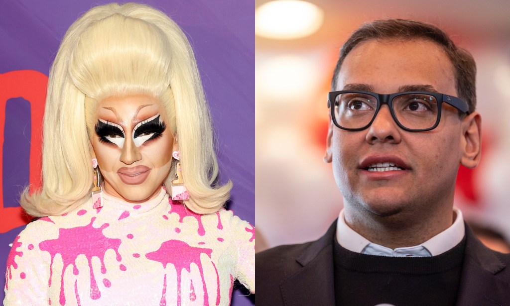 A split-screen image showing drag queen Trixie Mattel wearing a white outfit with pink paint splatter-pattern on it and Republican congressman George Santos wearing a brown suit jacket over a black top