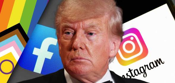 An image shows Donald Trump wearing a tuxedo in front of a range of social media icons and rainbows