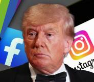An image shows Donald Trump wearing a tuxedo in front of a range of social media icons and rainbows