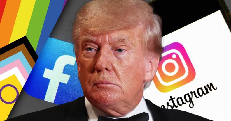 An image shows Donald Trump wearing a tuxedo in front of a range of social media icons and rainbows