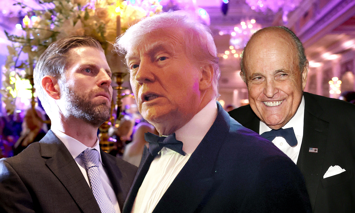 Collage of images of Eric Trump, Donald Trump and Rudy Giuliani wearing suits at a party