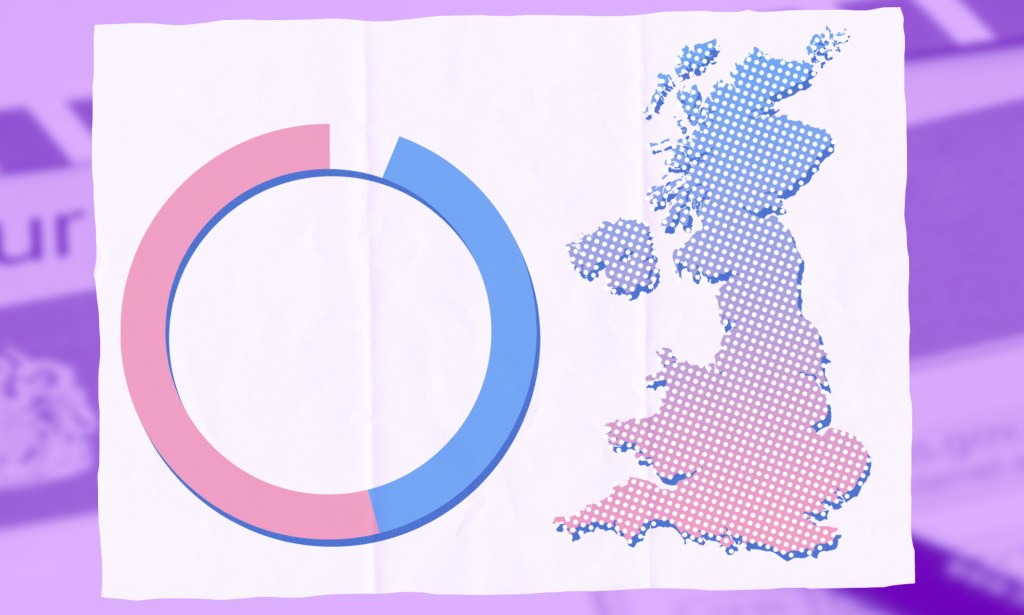 An illustrated image showing a map of the UK on the right hand side with the colours of the trans Pride flag within it. On the left is an illustration of a chart showing figures for the number of trans people in England and Wales.