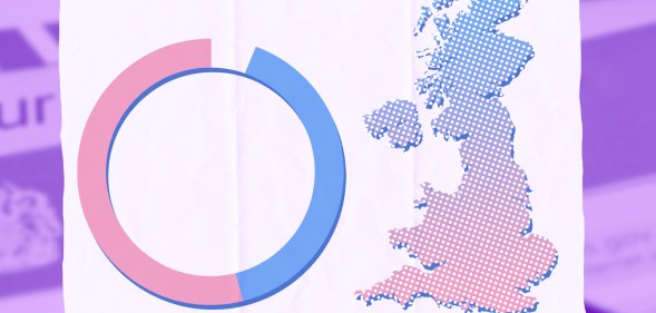 An illustrated image showing a map of the UK on the right hand side with the colours of the trans Pride flag within it. On the left is an illustration of a chart showing figures for the number of trans people in England and Wales.