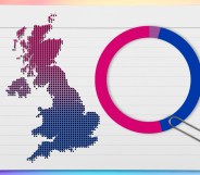 A map of the UK is shown on the left hand side of an illustrated piece of paper. It's coloured with the colours of the Bi Pride flag. On the right is a graph also using the colours of the Bi Pride flag.