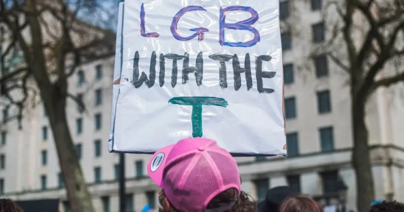 A photo shows a trans activist wearing a pink cap holding a placard that says: "LGB with the T"