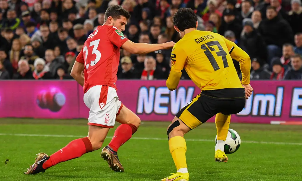 Remo Freuler of Nottingham Forest battles with Gonalo Guedes of Wolverhampton Wanderers during the Carabao Cup Quarter Final match between Nottingham Forest and Wolverhampton Wanderers at the City Ground, Nottingham on Wednesday 11th January 2023