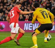 Remo Freuler of Nottingham Forest battles with Gonalo Guedes of Wolverhampton Wanderers during the Carabao Cup Quarter Final match between Nottingham Forest and Wolverhampton Wanderers at the City Ground, Nottingham on Wednesday 11th January 2023