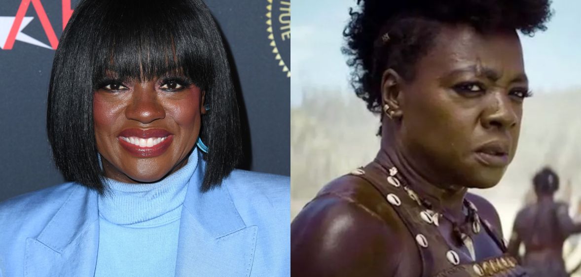 A side by side image of Viola Davis wearing a blue turtleneck and blue jacket on the red carpet at the AFI luncheon next to a screenshot from her movie The Woman King.