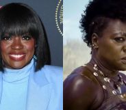 A side by side image of Viola Davis wearing a blue turtleneck and blue jacket on the red carpet at the AFI luncheon next to a screenshot from her movie The Woman King.