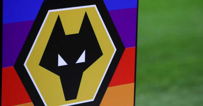 he Wolverhampton Wanderers crest is seen on Stonewall Rainbow Laces campaigning on the ball plinth