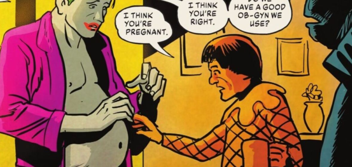 An image of a panel from a DC comic book which depicts the Joker with a distended belly with one of his henchmen asking if the villain is pregnant
