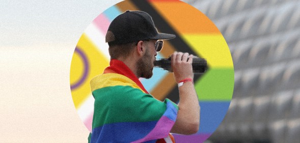Collage of a person drinking from a bottle with a Pride flag draped over their shoulders, and the Progress Pride flag behind them