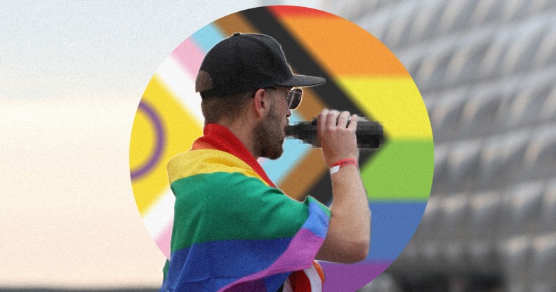 Collage of a person drinking from a bottle with a Pride flag draped over their shoulders, and the Progress Pride flag behind them