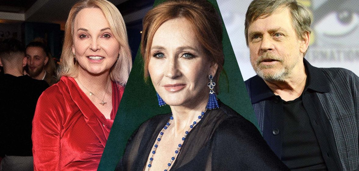 A composition image of trans broadcaster India Willoughby, author JK Rowling and Star Wars actor Mark Hamill