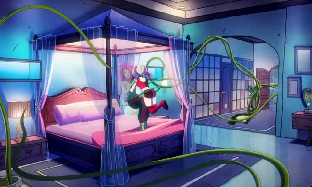 A screenshot from HBO Max's A Very Problematic Valentine's Day Special shows characters Harley Quinn and Poison Ivy embracing on a bed with green shoots sprouting from Poison Ivy