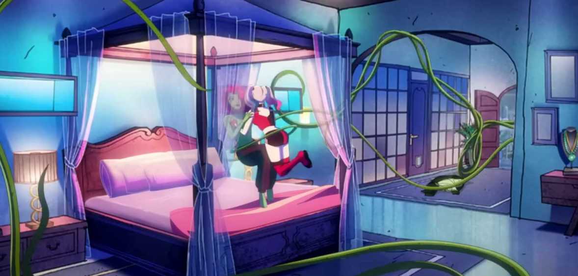 A screenshot from HBO Max's A Very Problematic Valentine's Day Special shows characters Harley Quinn and Poison Ivy embracing on a bed with green shoots sprouting from Poison Ivy