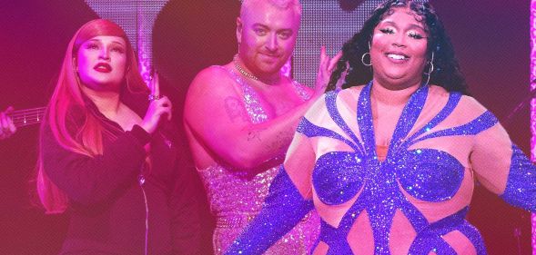 A composition image with Kim Petras and Sam Smith performing together on one side and Lizzo performing on the other