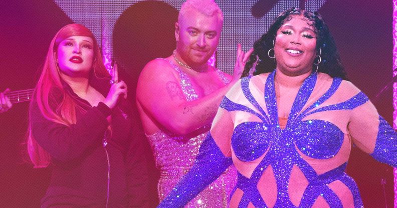 A composition image with Kim Petras and Sam Smith performing together on one side and Lizzo performing on the other