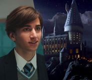 Collage of Sebastian in school uniform (from Heartstopper) and the Hogwarts castle