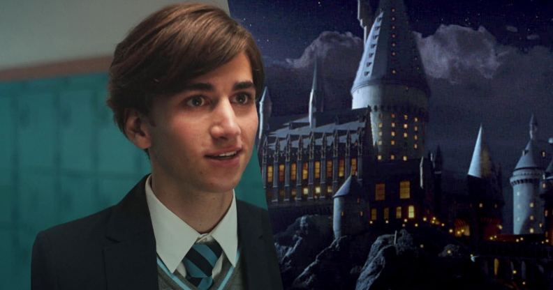 Collage of Sebastian in school uniform (from Heartstopper) and the Hogwarts castle