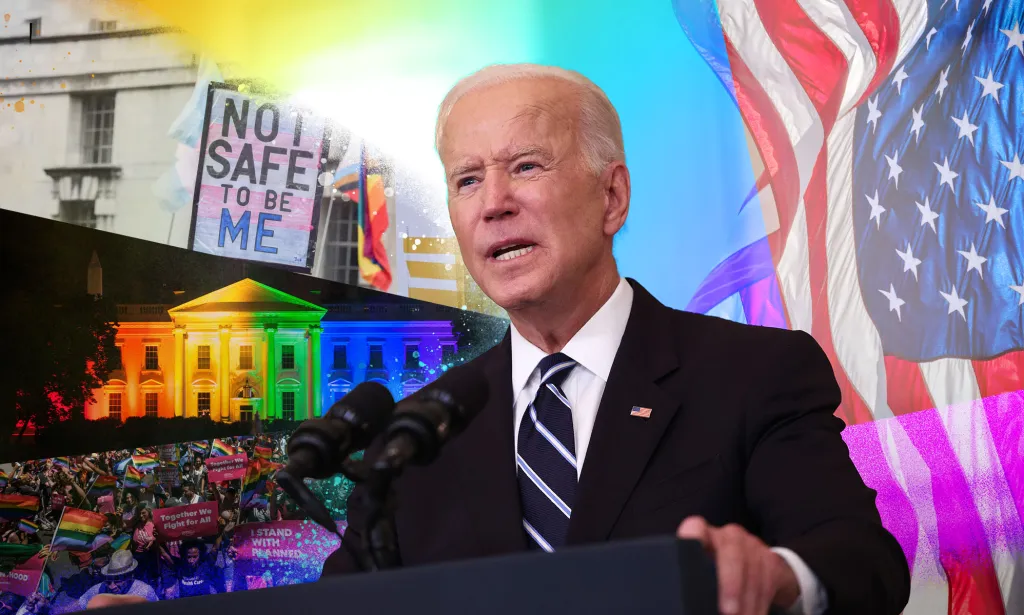 Collage of Joe Biden in front of a rainbow-lit White House, a US flag, and protest signs calling for LGBTQ liberation