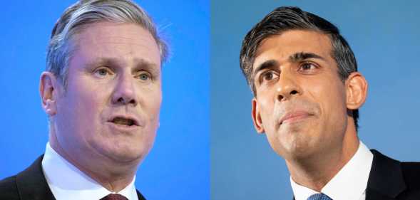 Side-by-side images of Keir Starmer and Rishi Sunak, both wearing dark suits and standing in front of blue backdrops