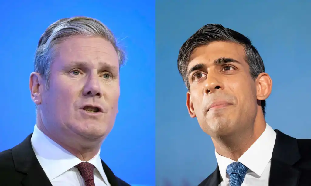 Side-by-side images of Keir Starmer and Rishi Sunak, both wearing dark suits and standing in front of blue backdrops