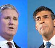 Side-by-side images of Keir Starmer and Rishi Sunak, both wearing dark suits and standing in front of blue backdrops