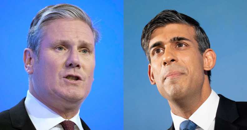 Side-by-side images of Keir Starmer and Rishi Sunak, both wearing dark suits and standing in front of blue backdrops