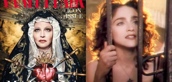Madonna wearing a Virgin Mary-style headpiece for Vanity Fair, and a picture from her Like A Prayer video, in which she's peering between prison bars and wears a crucifix around her neck