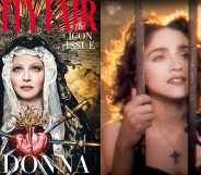 Madonna wearing a Virgin Mary-style headpiece for Vanity Fair, and a picture from her Like A Prayer video, in which she's peering between prison bars and wears a crucifix around her neck