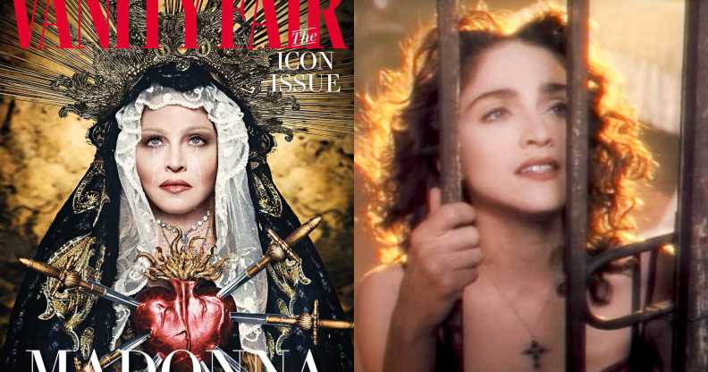 Madonna wearing a Virgin Mary-style headpiece for Vanity Fair, and a picture from her Like A Prayer video, in which she's peering between prison bars and wears a crucifix around her neck