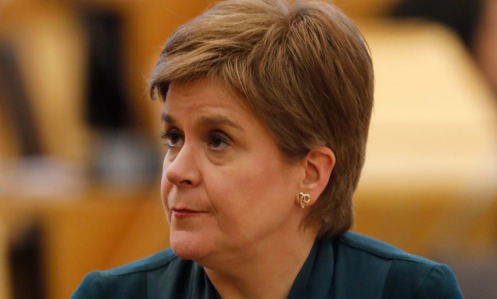 Scotland's first minister Nicola Sturgeon wears a blue-green outfit during a Holyrood discussion on the Gender Recognition Reform (Scotland) bill, a pro-trans measure passed by Scottish parliament in December