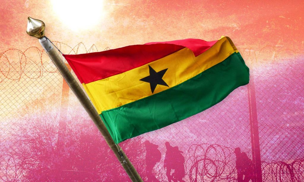 The flag of Ghana against a backdrop hued with the colours of the lesbian Pride flag