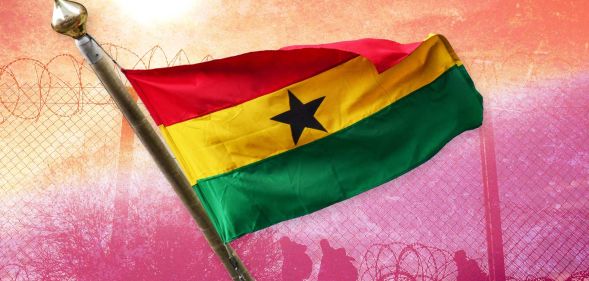The flag of Ghana against a backdrop hued with the colours of the lesbian Pride flag