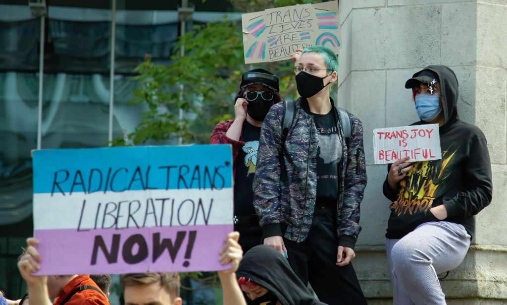 A person holds up a sign reading 'Radical trans liberation now' during a protest
