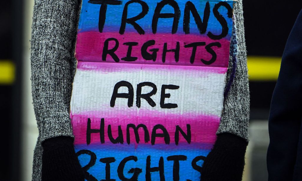 A person holds up a sign that reads 'Trans rights are human rights' in the colours of the trans pride flag