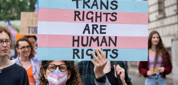 A person holds up a sign reading 'Trans rights are human rights' in the blue, pink and white colours of the trans Pride flag during a protest
