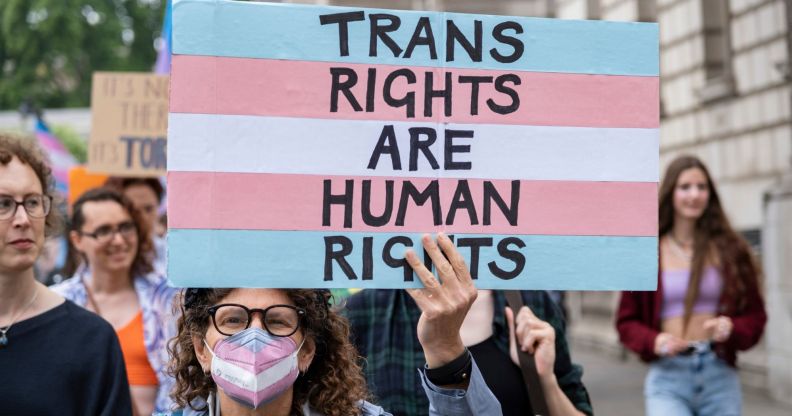 A person holds up a sign reading 'Trans rights are human rights' in the blue, pink and white colours of the trans Pride flag during a protest
