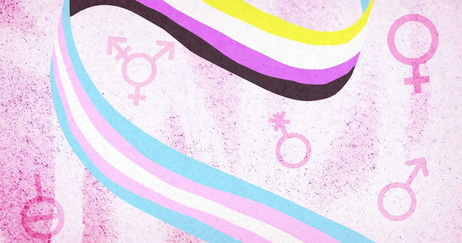 Illustration of a ribbon with the trans Pride flag stripes on one side, and the non-binary colours on the other