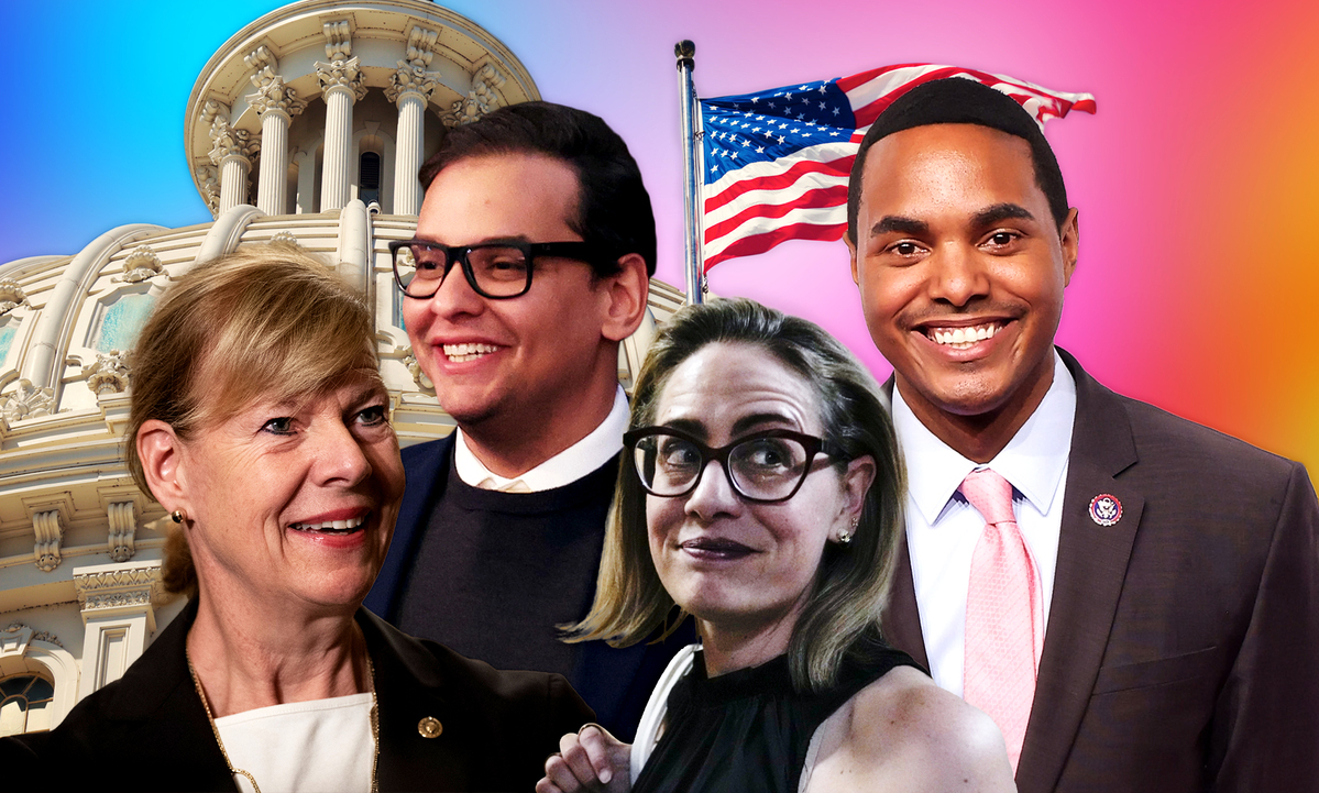 Clockwise from top left: LGBTQ congress members George Santos, Richie Torres, Kyrsten Sinema and Tammy Baldwin in from of the Capitol building and US flag.