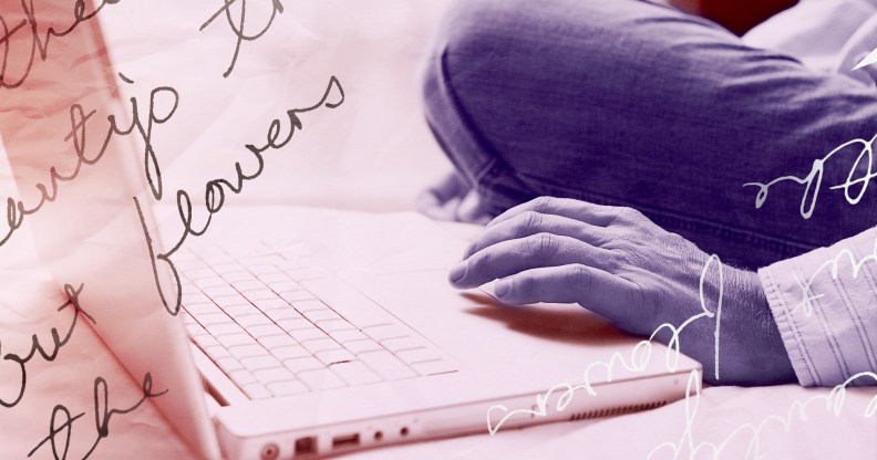 A person is sitting with one hand on their computer. There is an overlay with a handwritten note.