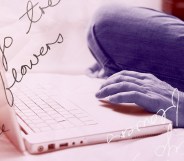 A person is sitting with one hand on their computer. There is an overlay with a handwritten note.
