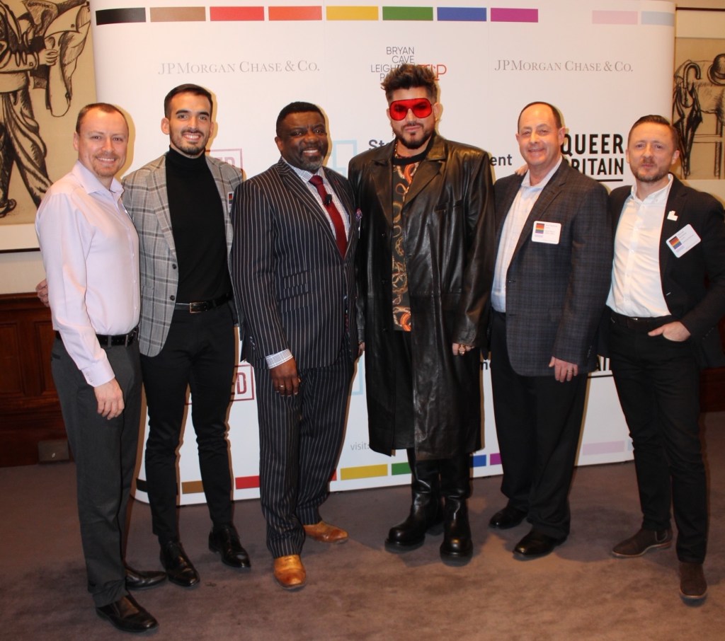 Adam Lambert (centre) at an LGBTQ history panel hosted by JPMorgan Chase & Co.